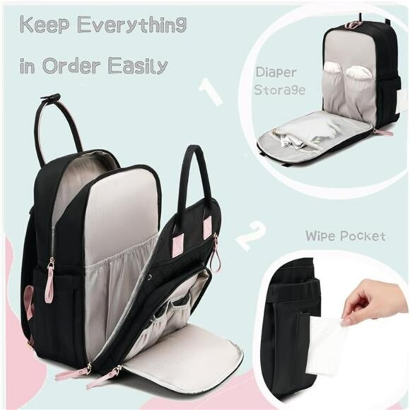Large Diaper Bag Backpack Tote 18 Pockets Waterproof Baby Travel Bag Black - Picture 3 of 7